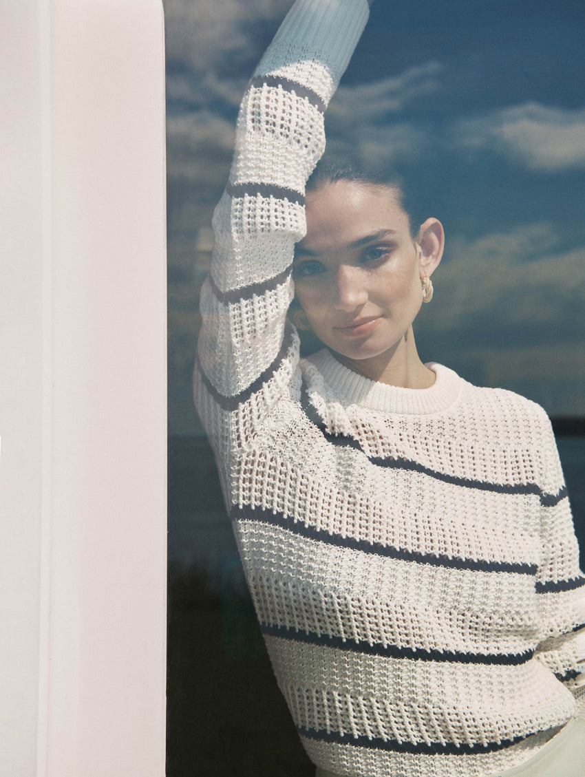 Cotton Tape Striped Crewneck