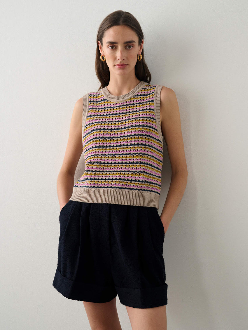 Cotton Blend Striped Mesh Tank