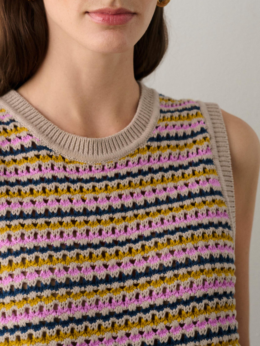 Cotton Blend Striped Mesh Tank