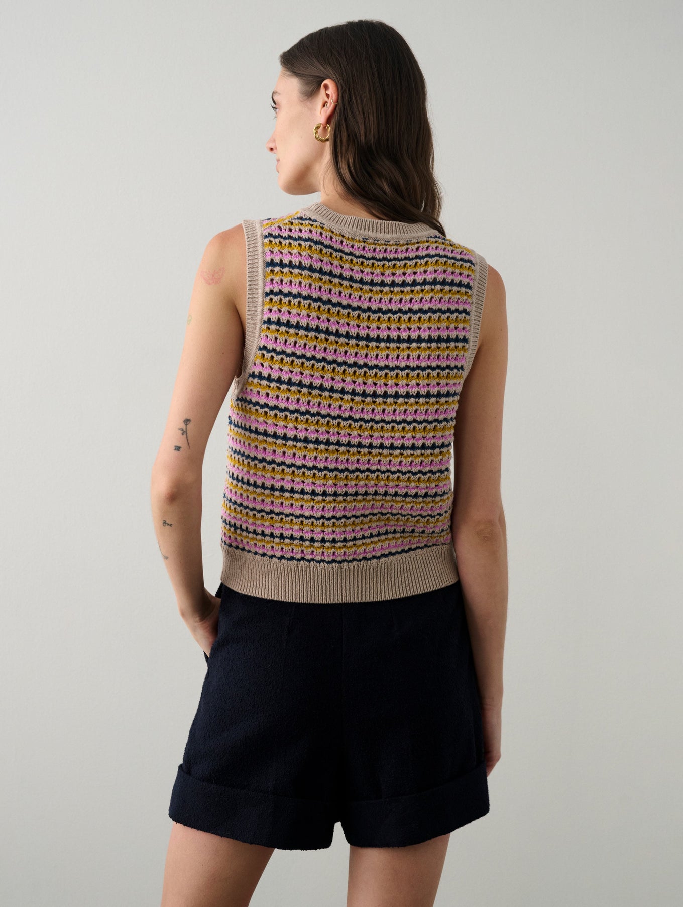 Cotton Blend Striped Mesh Tank