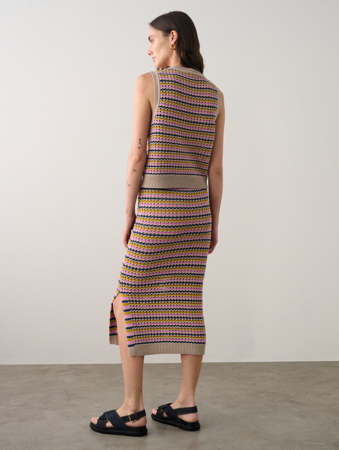Cotton Blend Striped Mesh Skirt