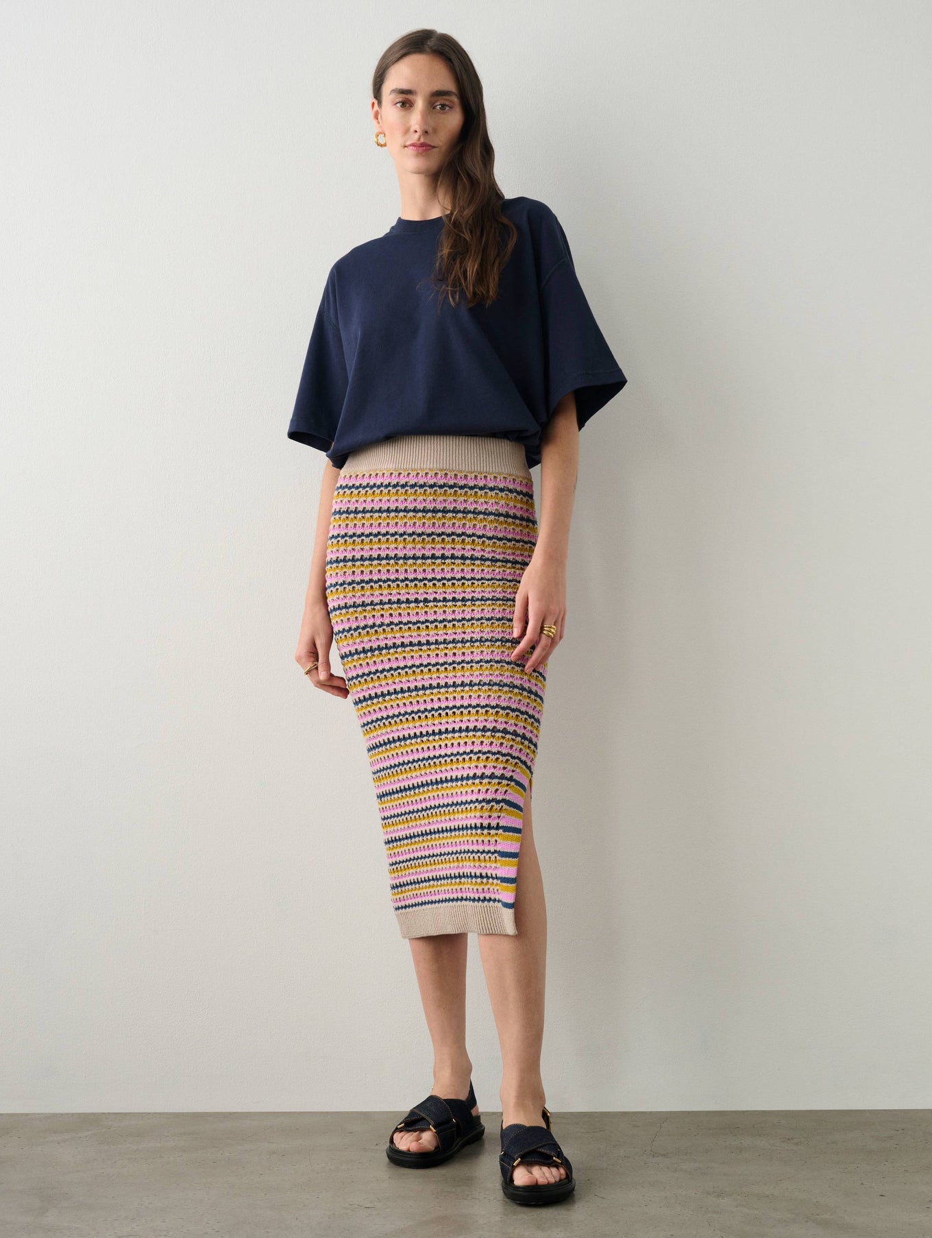 Cotton Blend Striped Mesh Skirt
