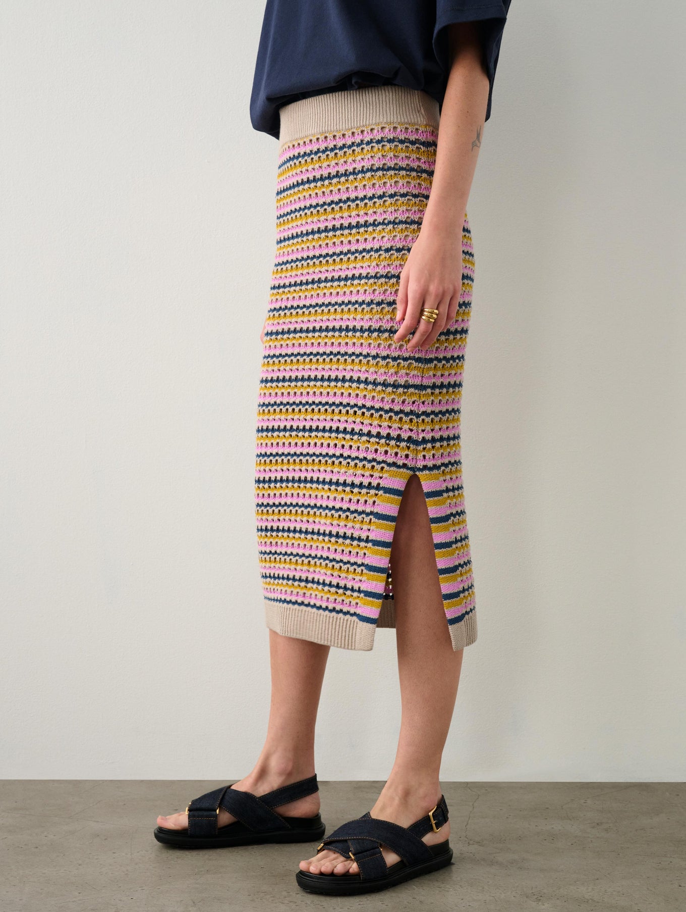Cotton Blend Striped Mesh Skirt