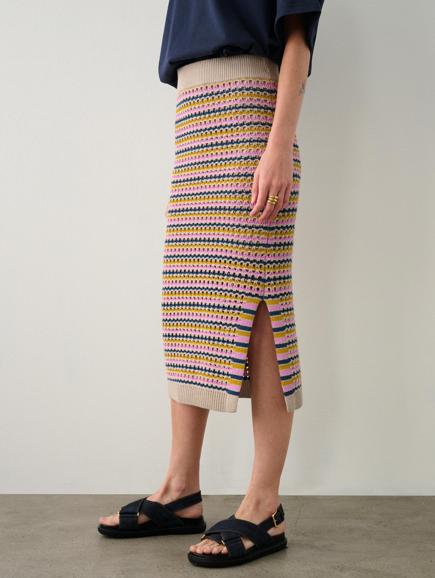 Cotton Blend Striped Mesh Skirt