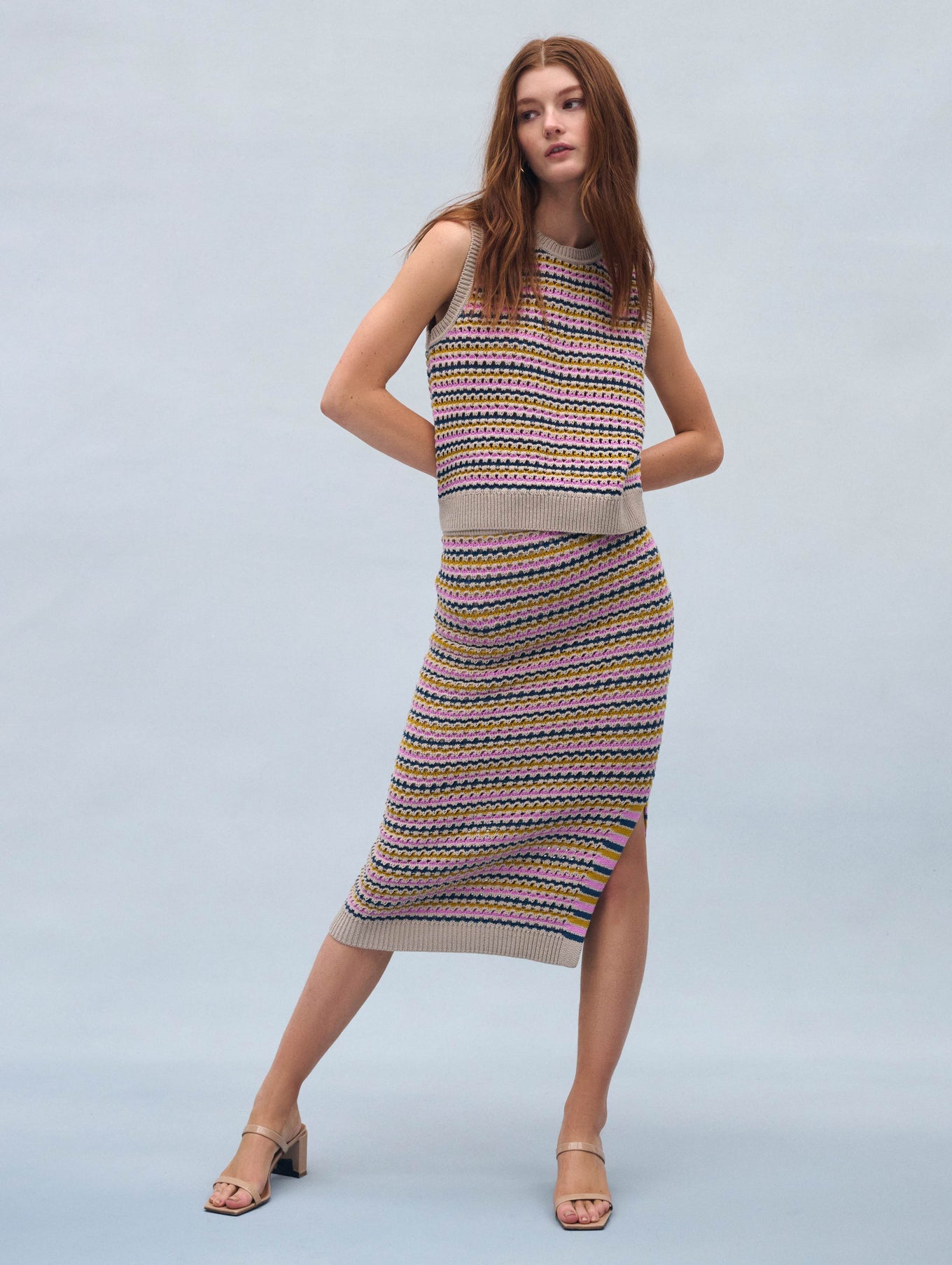 Cotton Blend Striped Mesh Tank
