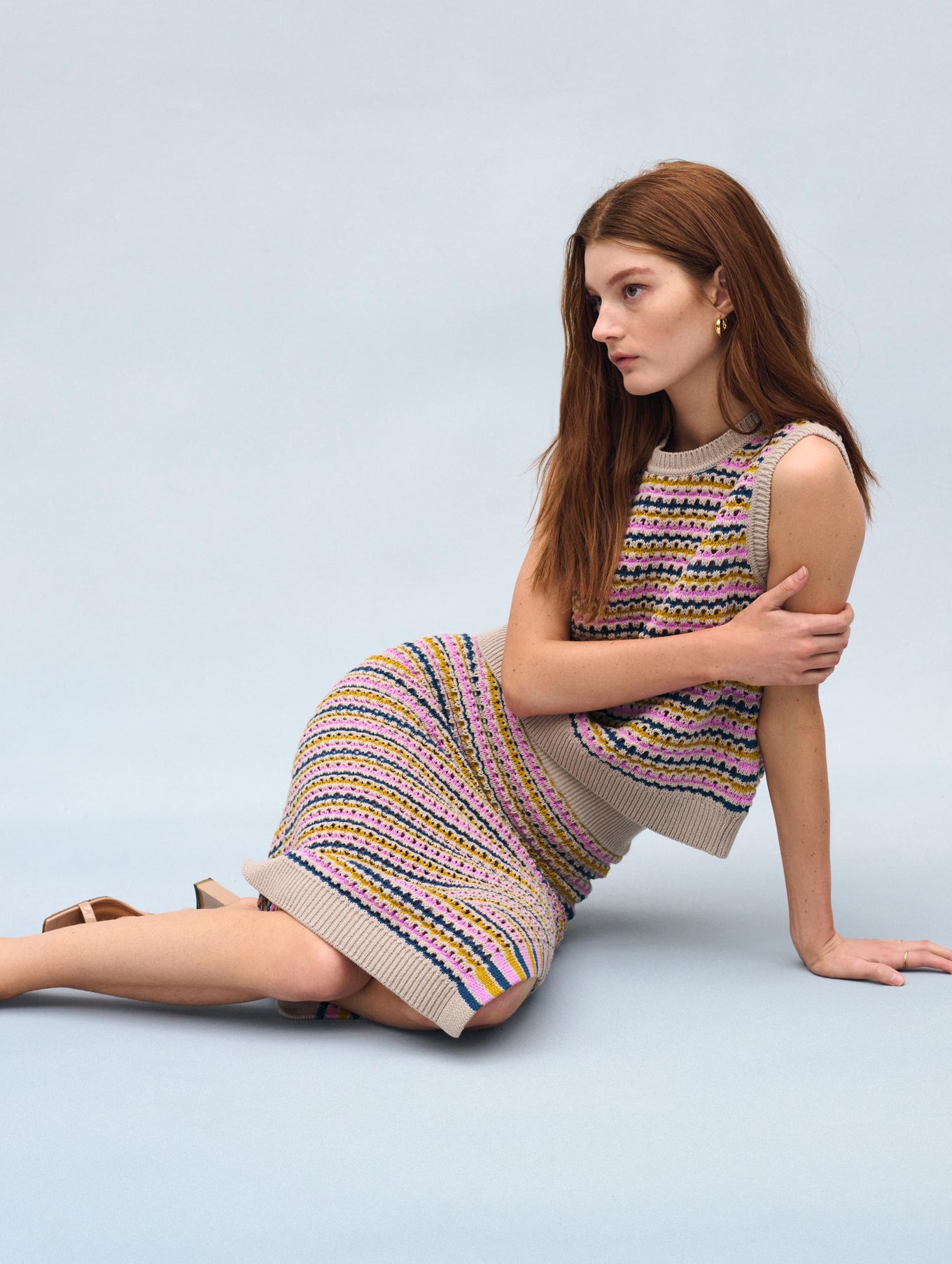 Cotton Blend Striped Mesh Skirt
