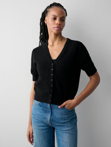 Cashmere Short Sleeve Button Cardigan – White + Warren