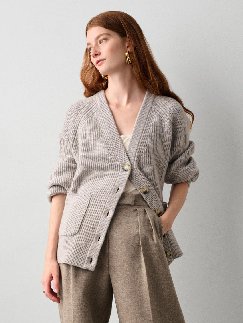 Merino Cashmere Ribbed Boyfriend Cardigan