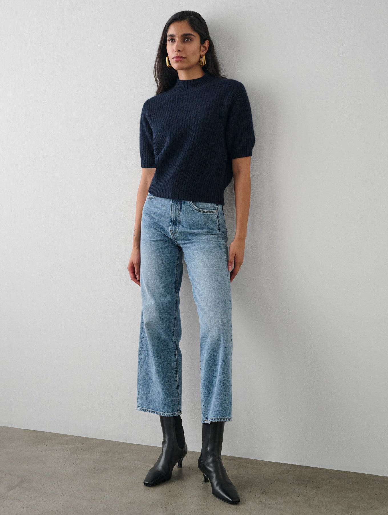 Cashmere Ribbed Elbow Sleeve Mockneck