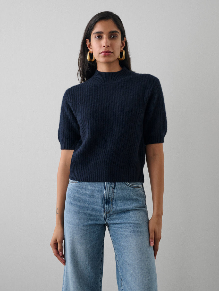 Cashmere Ribbed Elbow Sleeve Mockneck