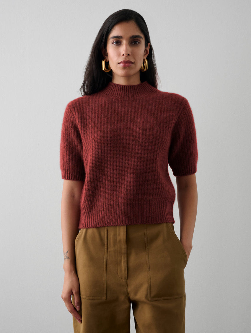 Cashmere Ribbed Elbow Sleeve Mockneck