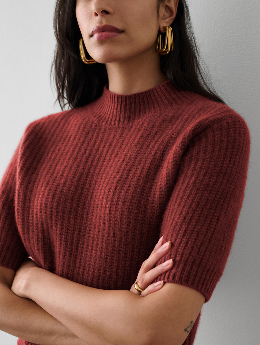 Cashmere Ribbed Elbow Sleeve Mockneck