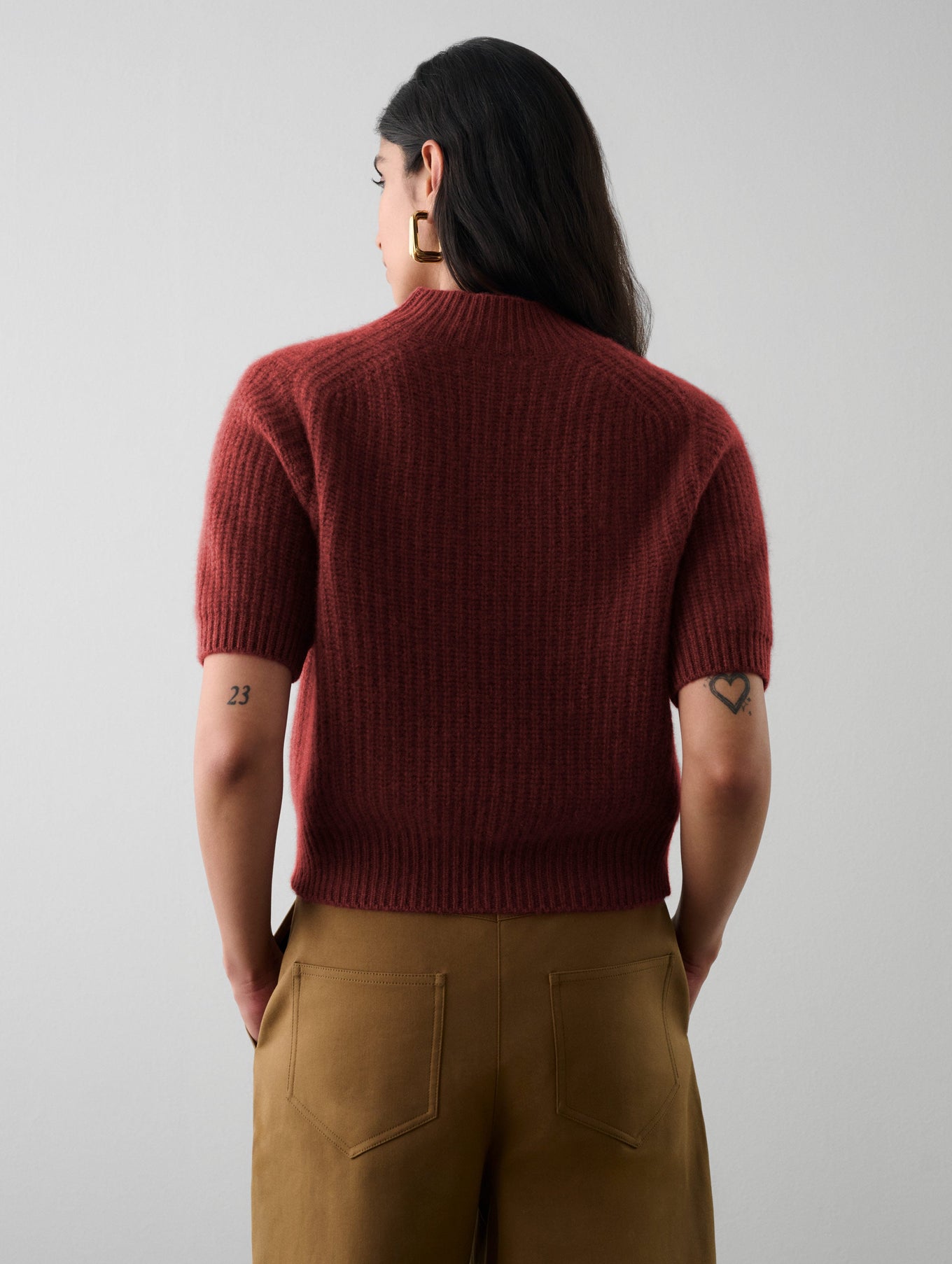 Cashmere Ribbed Elbow Sleeve Mockneck