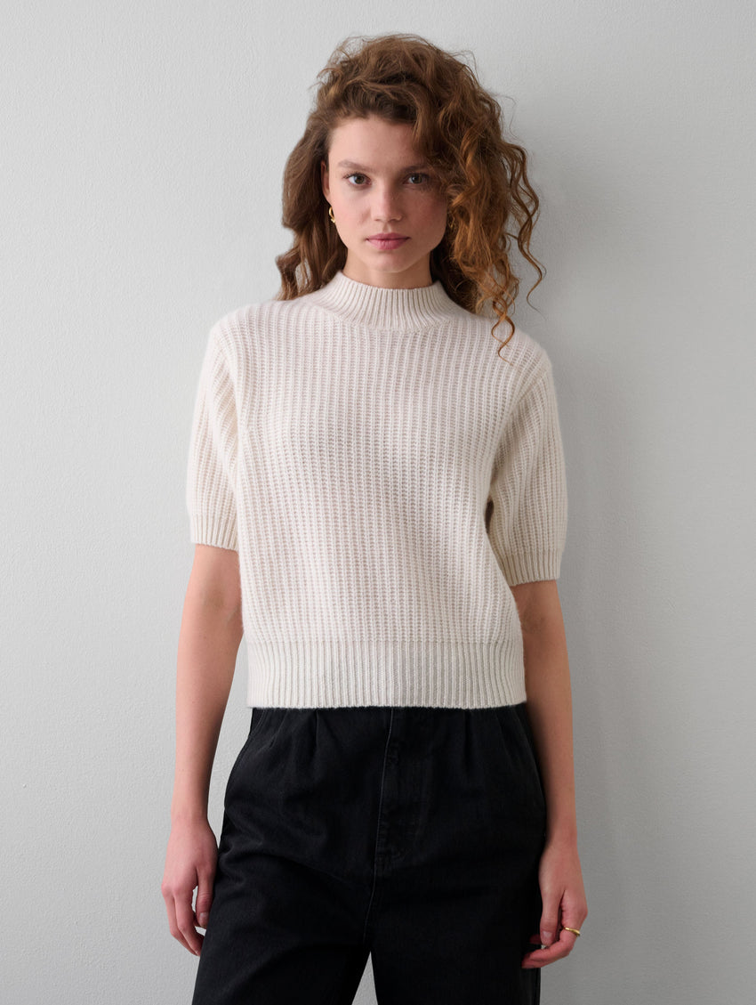 Cashmere Ribbed Elbow Sleeve Mockneck
