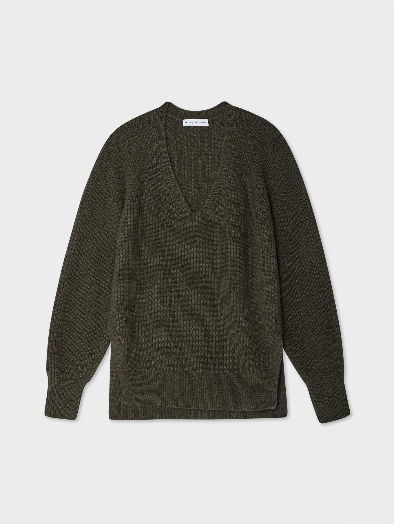 Cashmere Ribbed Blouson Sleeve V Neck