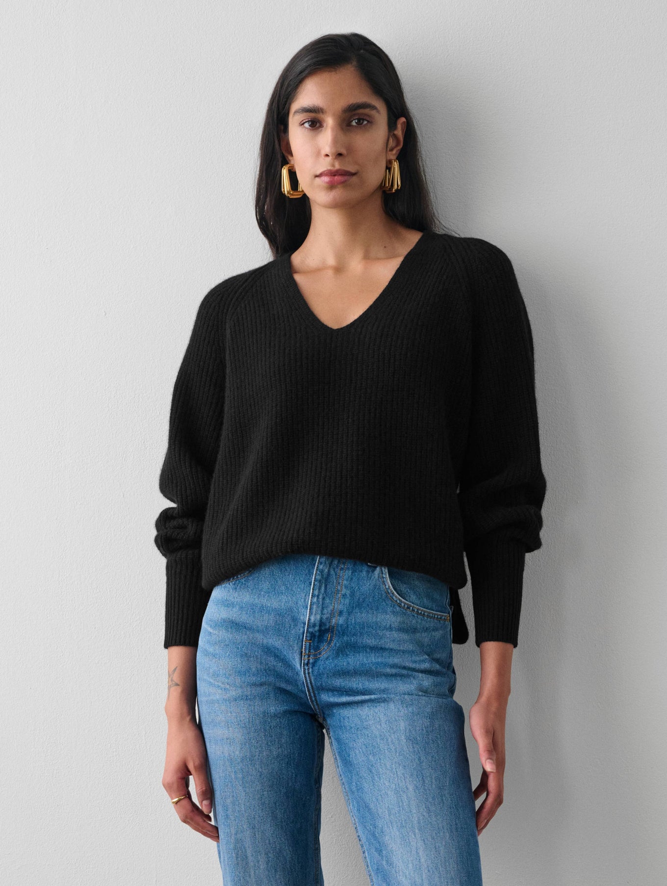 Cashmere Ribbed Blouson Sleeve V Neck