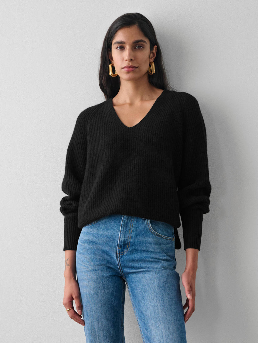 Cashmere Ribbed Blouson Sleeve V Neck