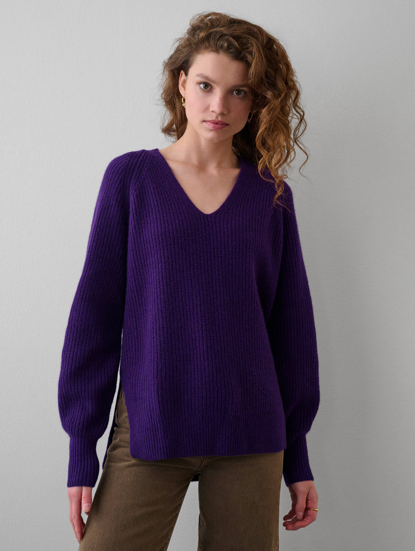 Cashmere Ribbed Blouson Sleeve V Neck