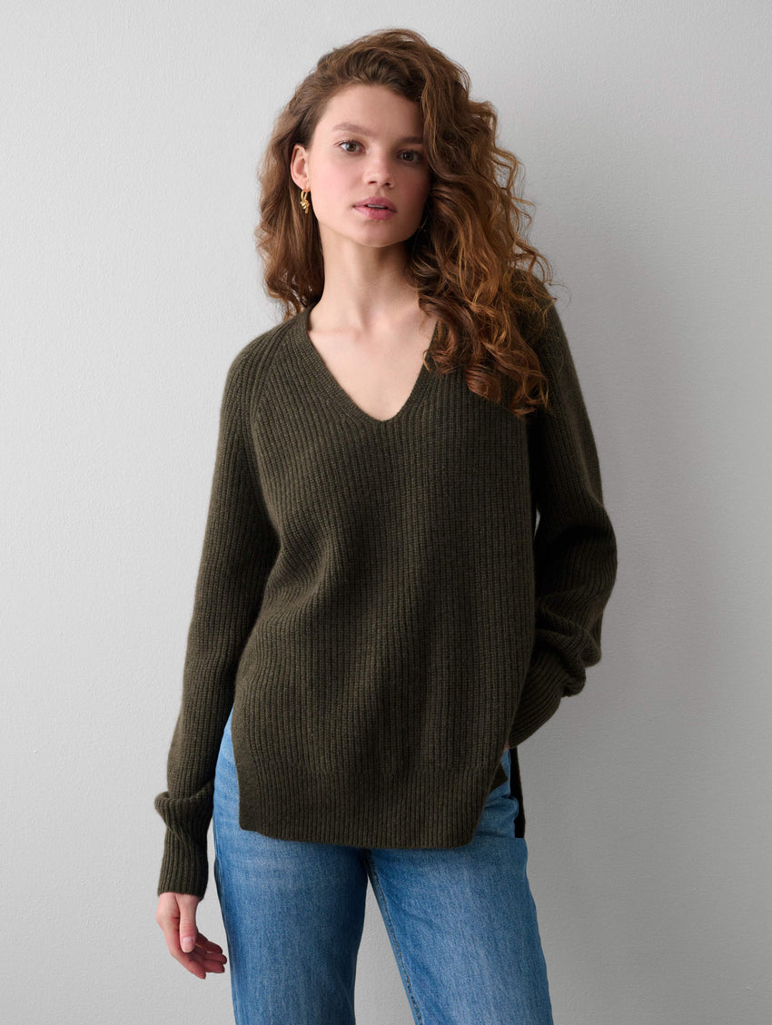 Cashmere Ribbed Blouson Sleeve V Neck