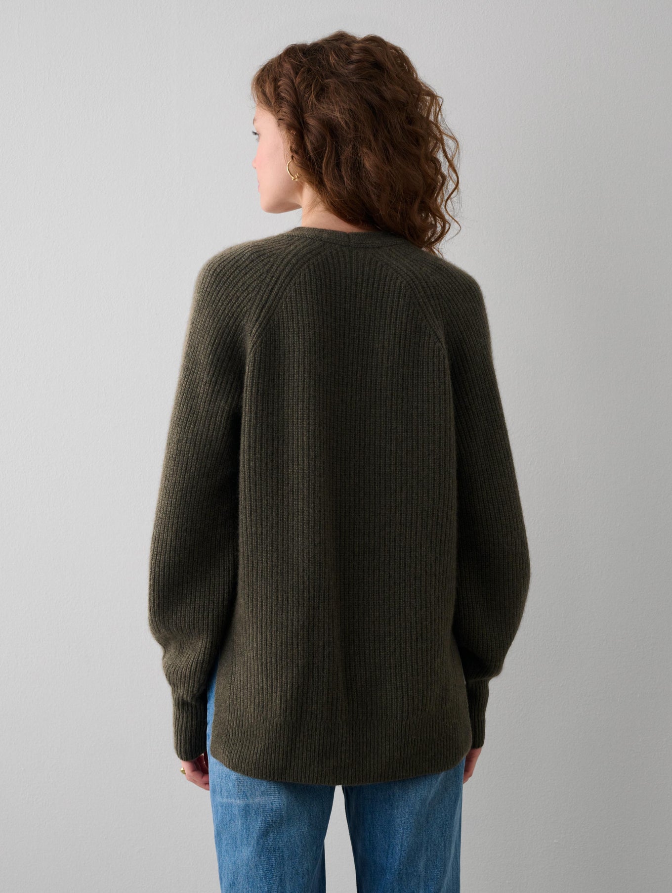 Cashmere Ribbed Blouson Sleeve V Neck