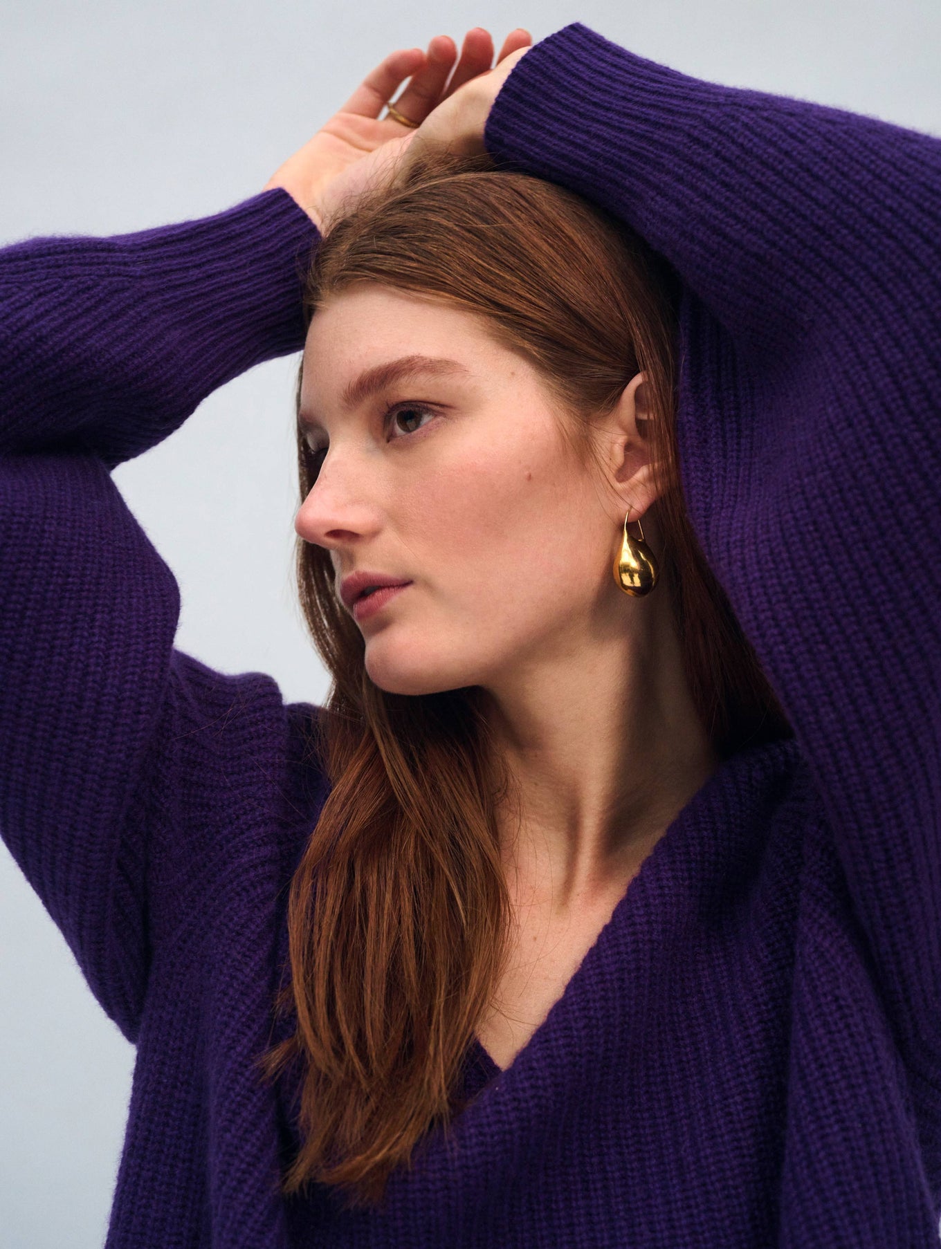 Cashmere Ribbed Blouson Sleeve V Neck