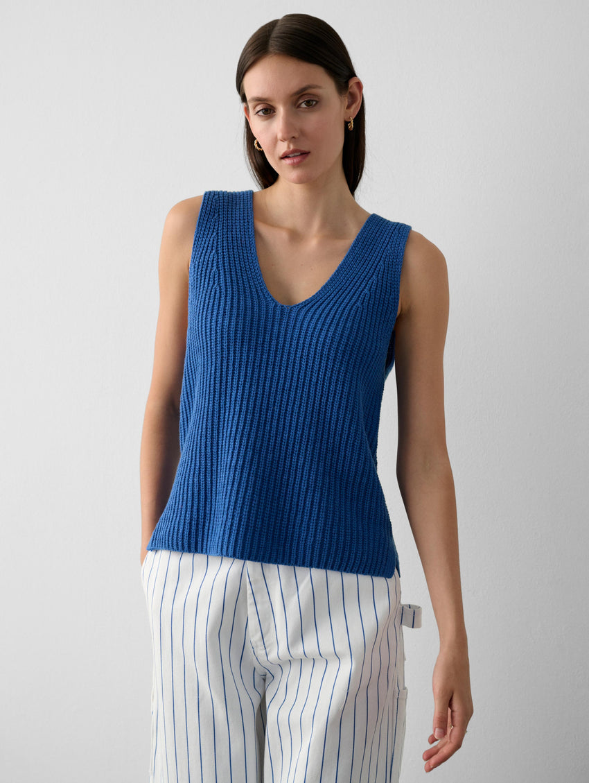 Cotton Tape Sleeveless Ribbed V Neck
