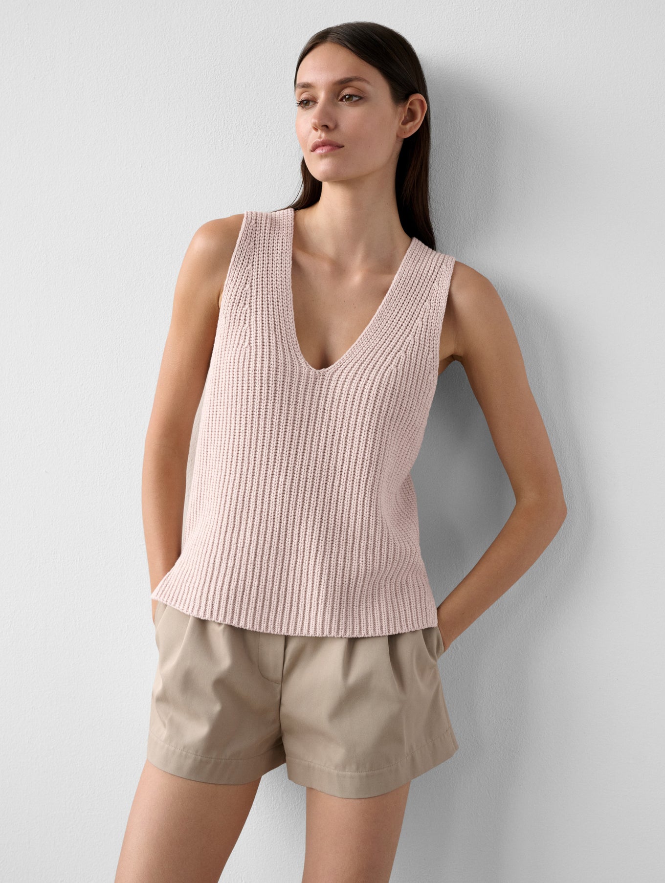 Cotton Tape Sleeveless Ribbed V Neck