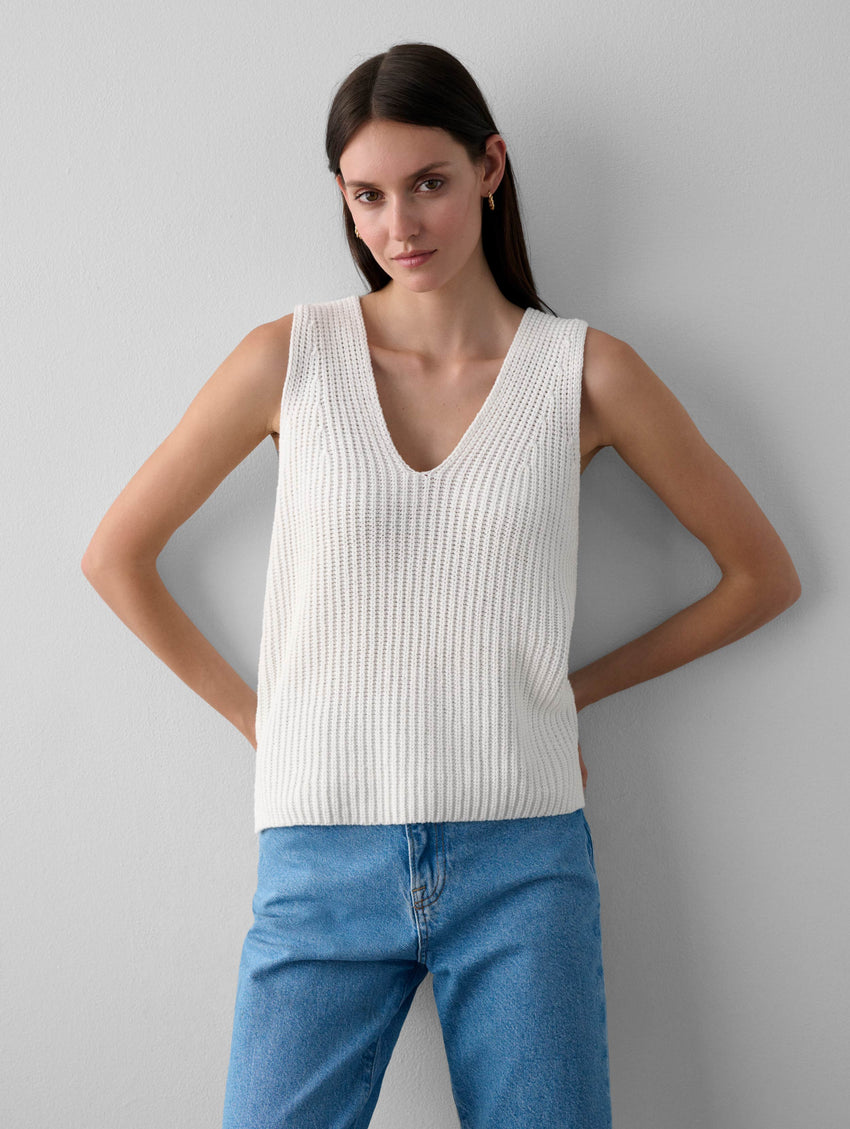 Cotton Tape Sleeveless Ribbed V Neck