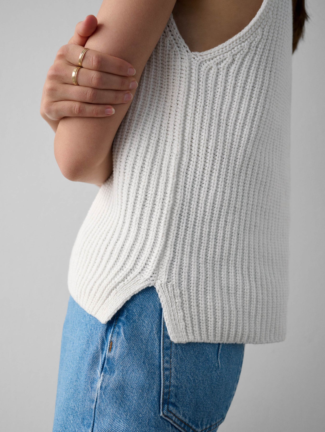Cotton Tape Sleeveless Ribbed V Neck