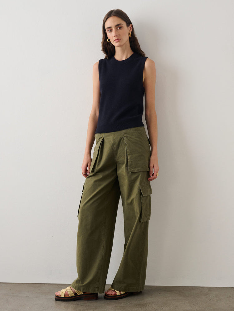 Cotton Silk Sleeveless Ribbed Crewneck
