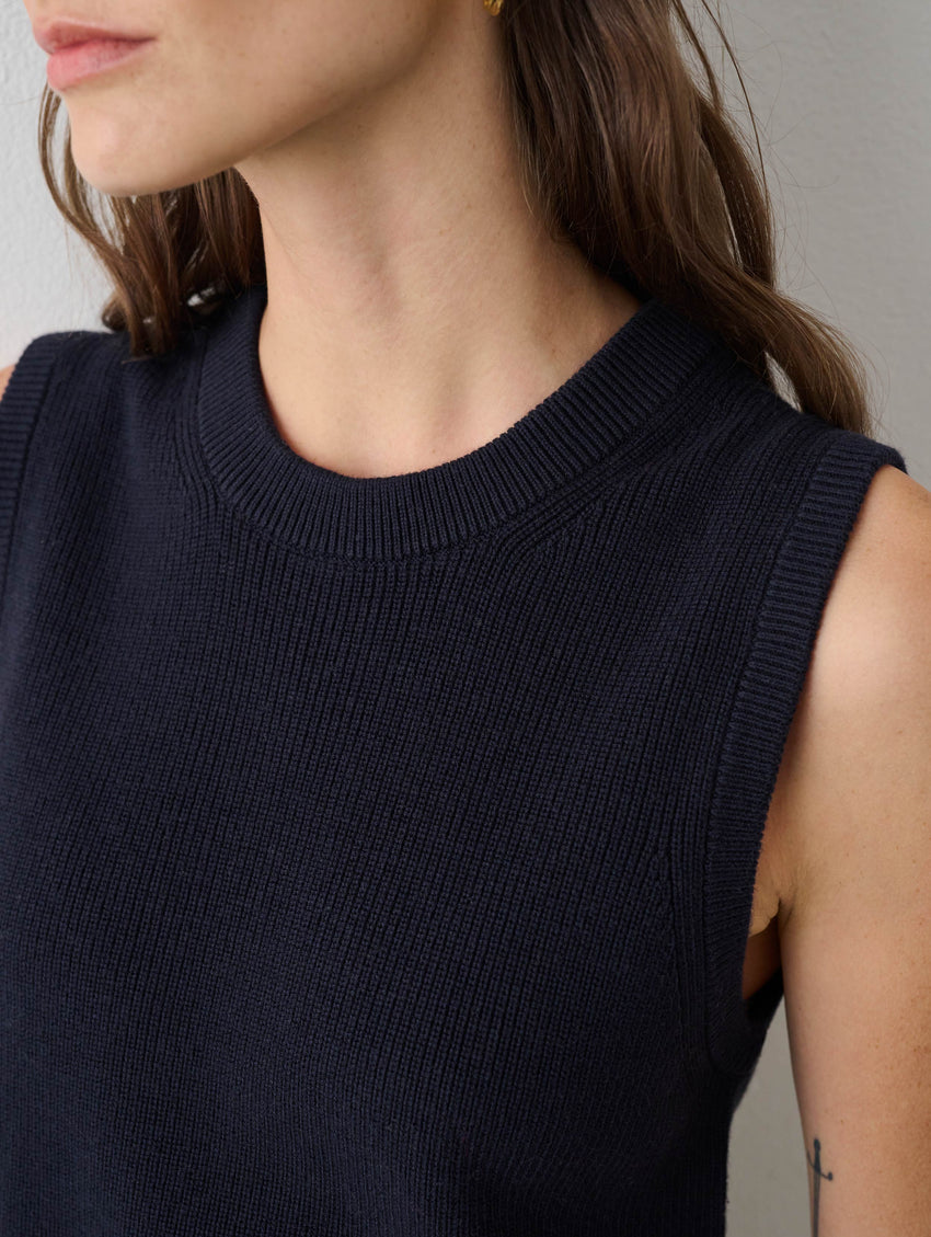 Cotton Silk Sleeveless Ribbed Crewneck
