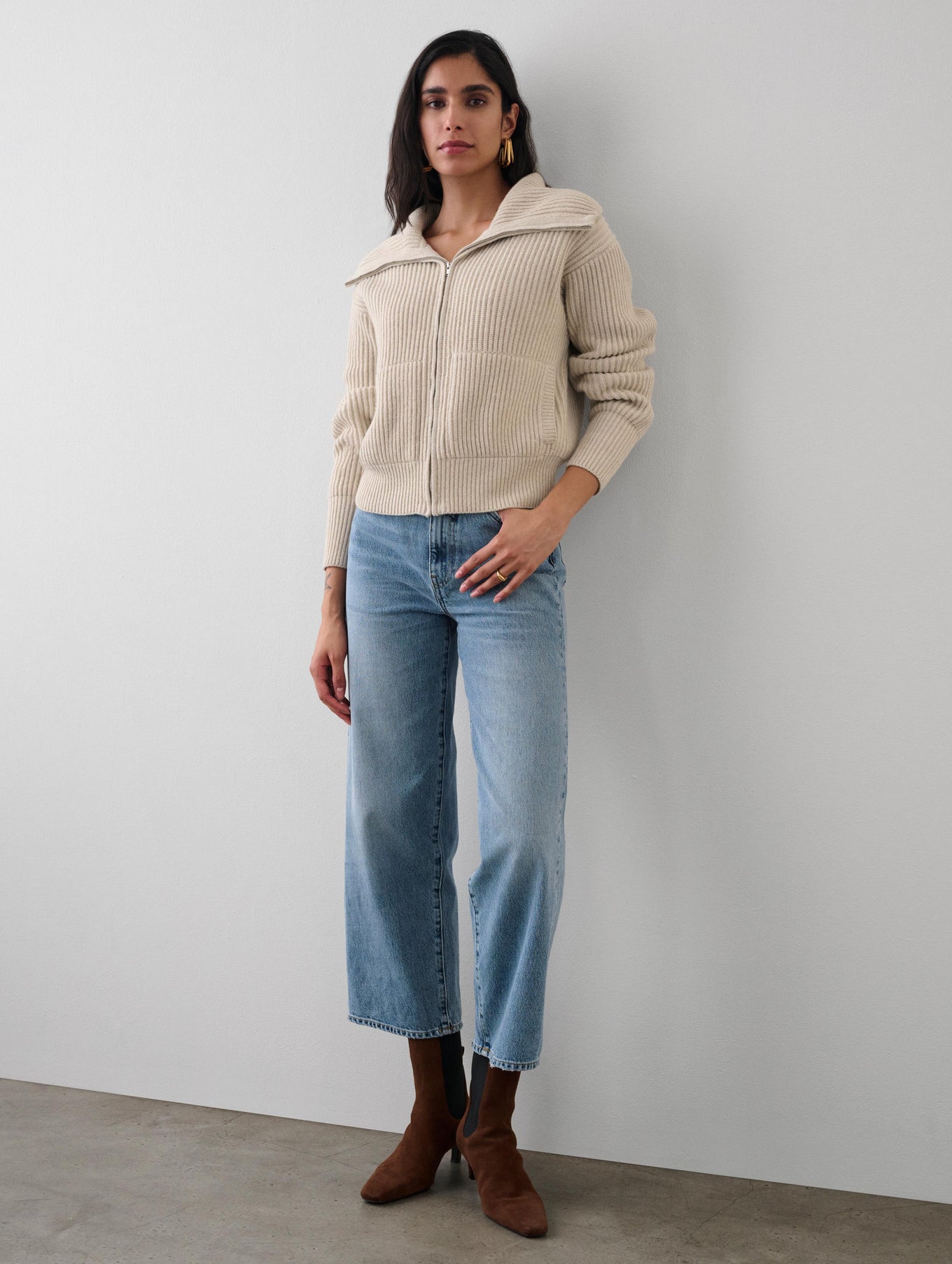 Merino Blend Ribbed Zip Up Jacket
