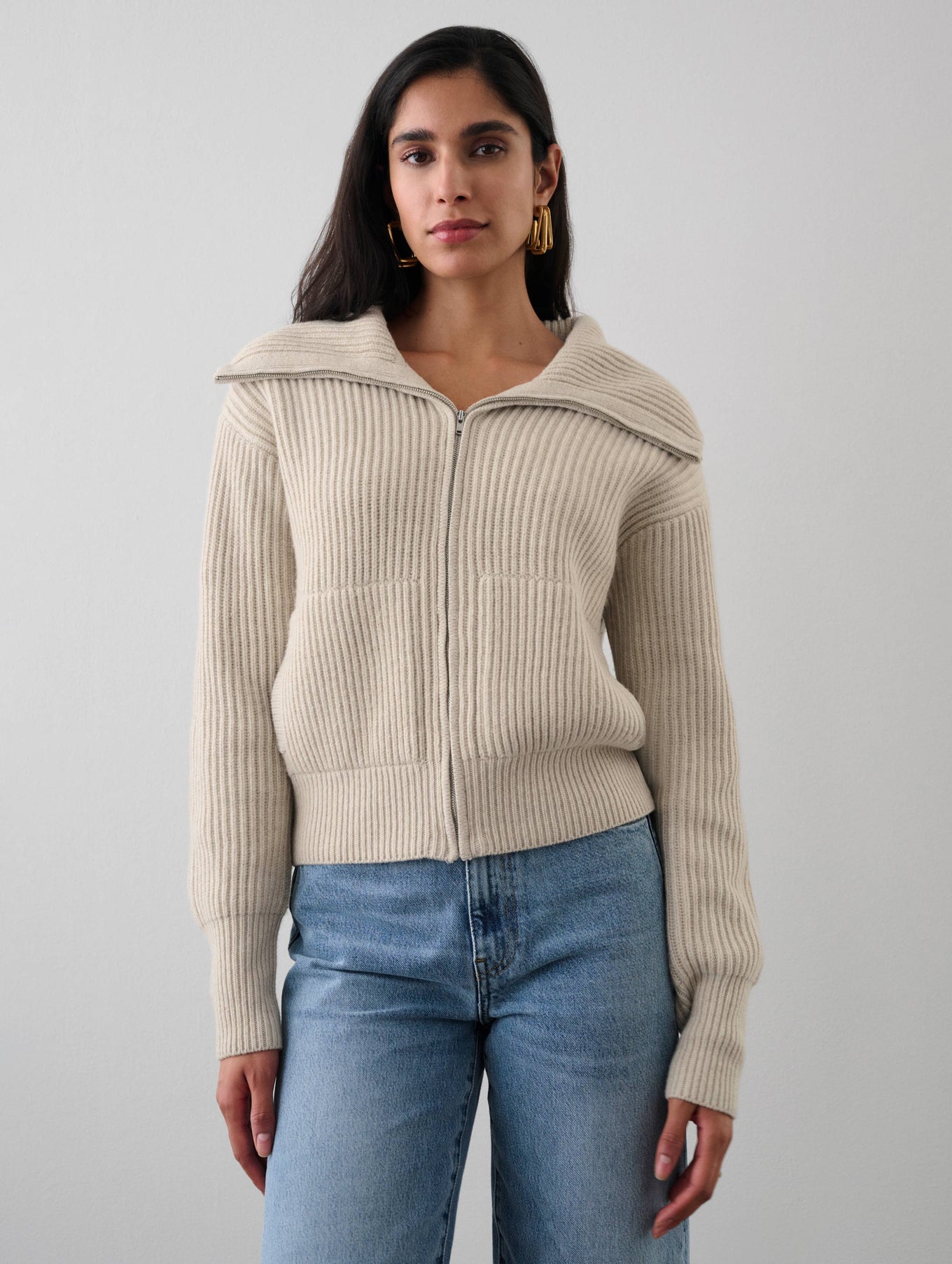 Merino Blend Ribbed Zip Up Jacket