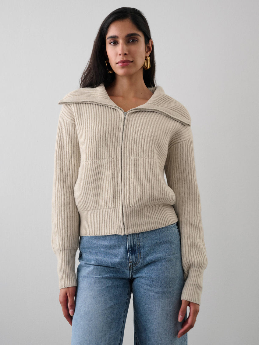 Merino Blend Ribbed Zip Up Jacket