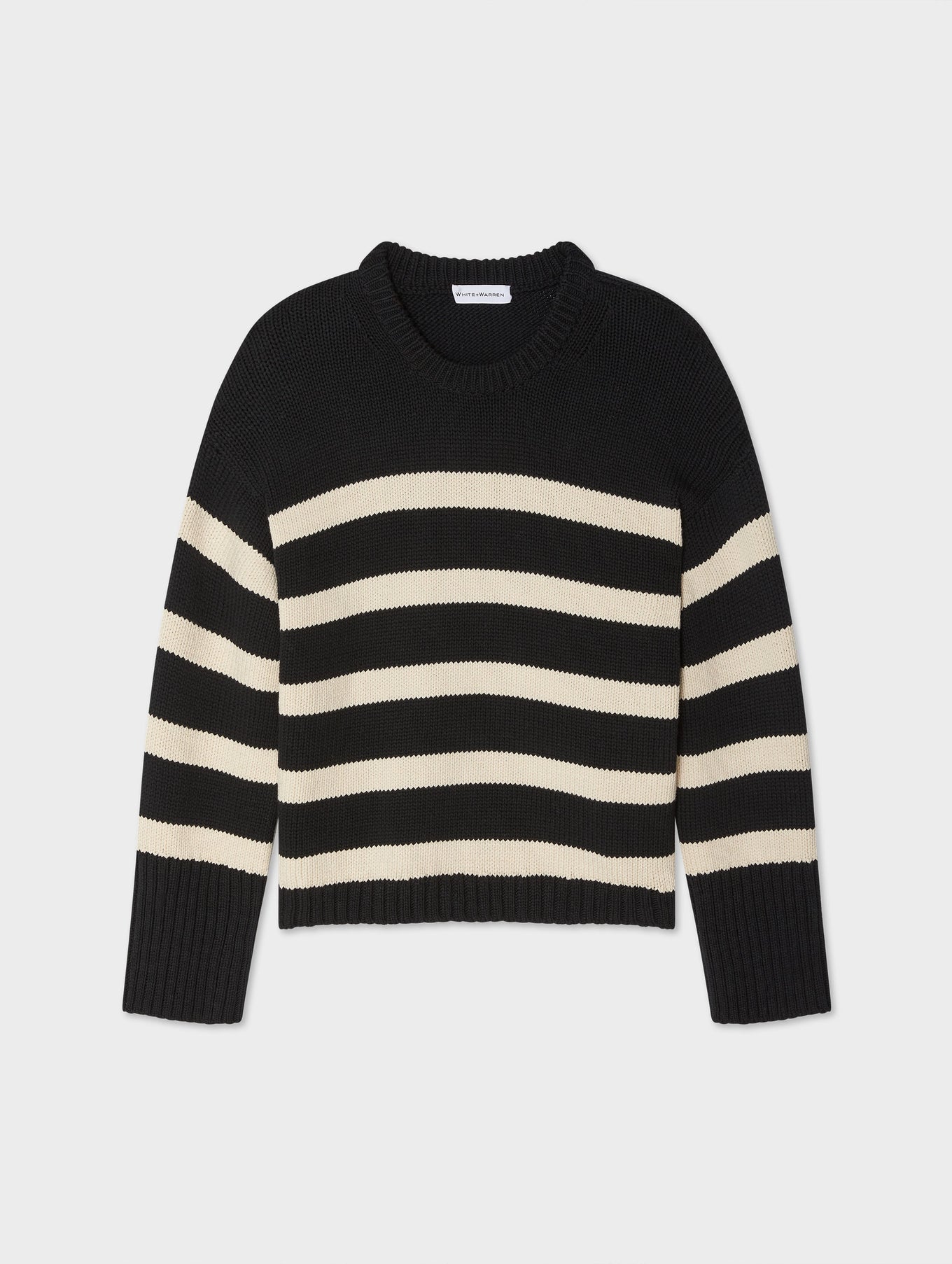Cotton Striped Ribbed Trim Crewneck