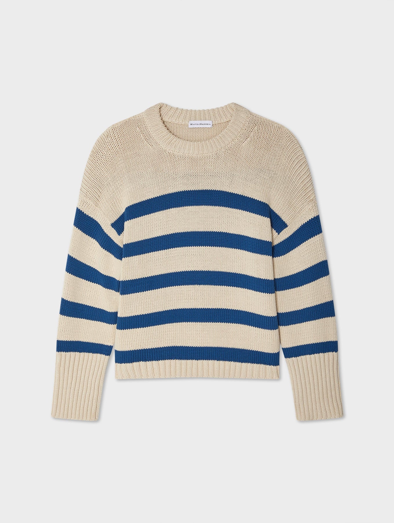 Cotton Striped Ribbed Trim Crewneck