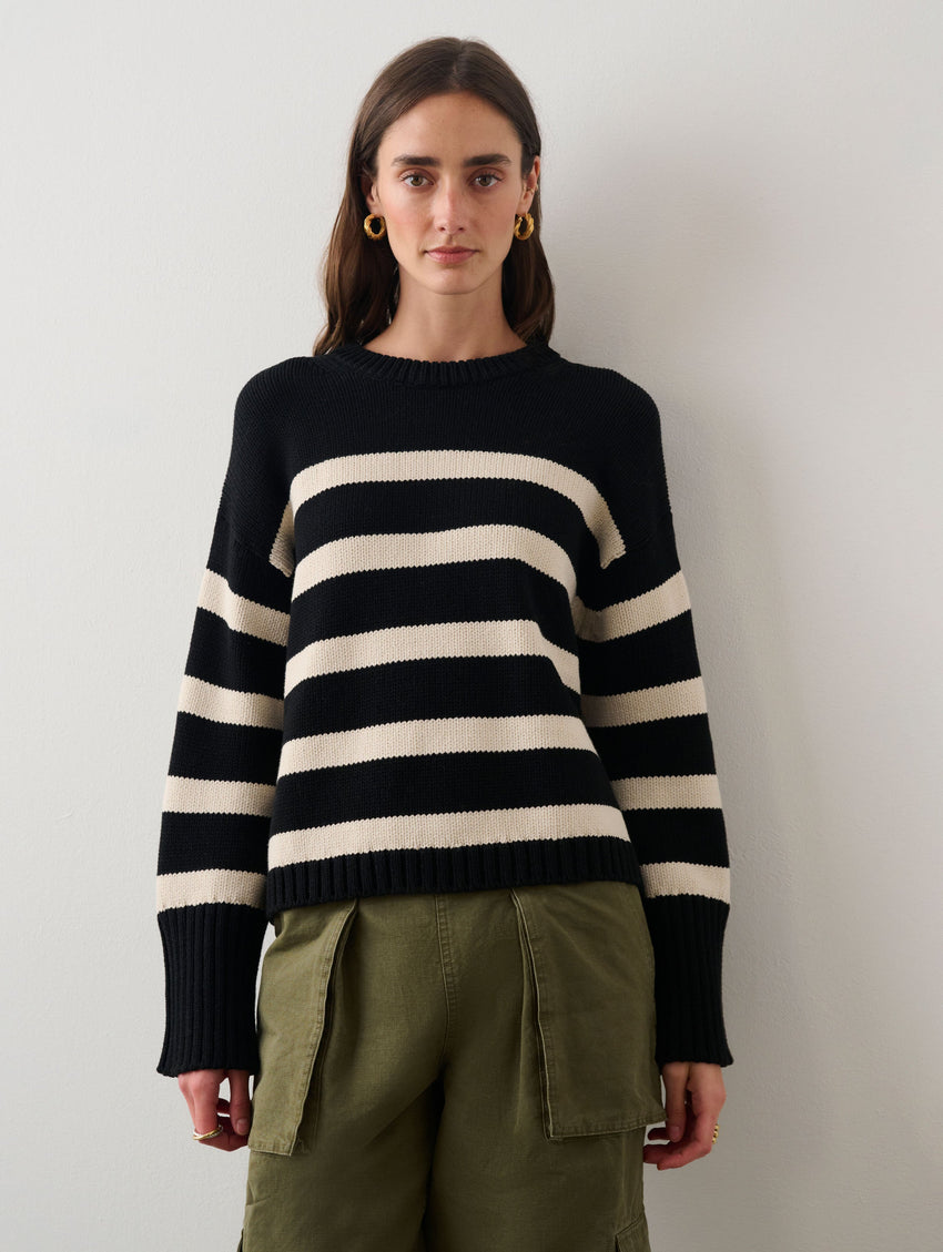 Cotton Striped Ribbed Trim Crewneck