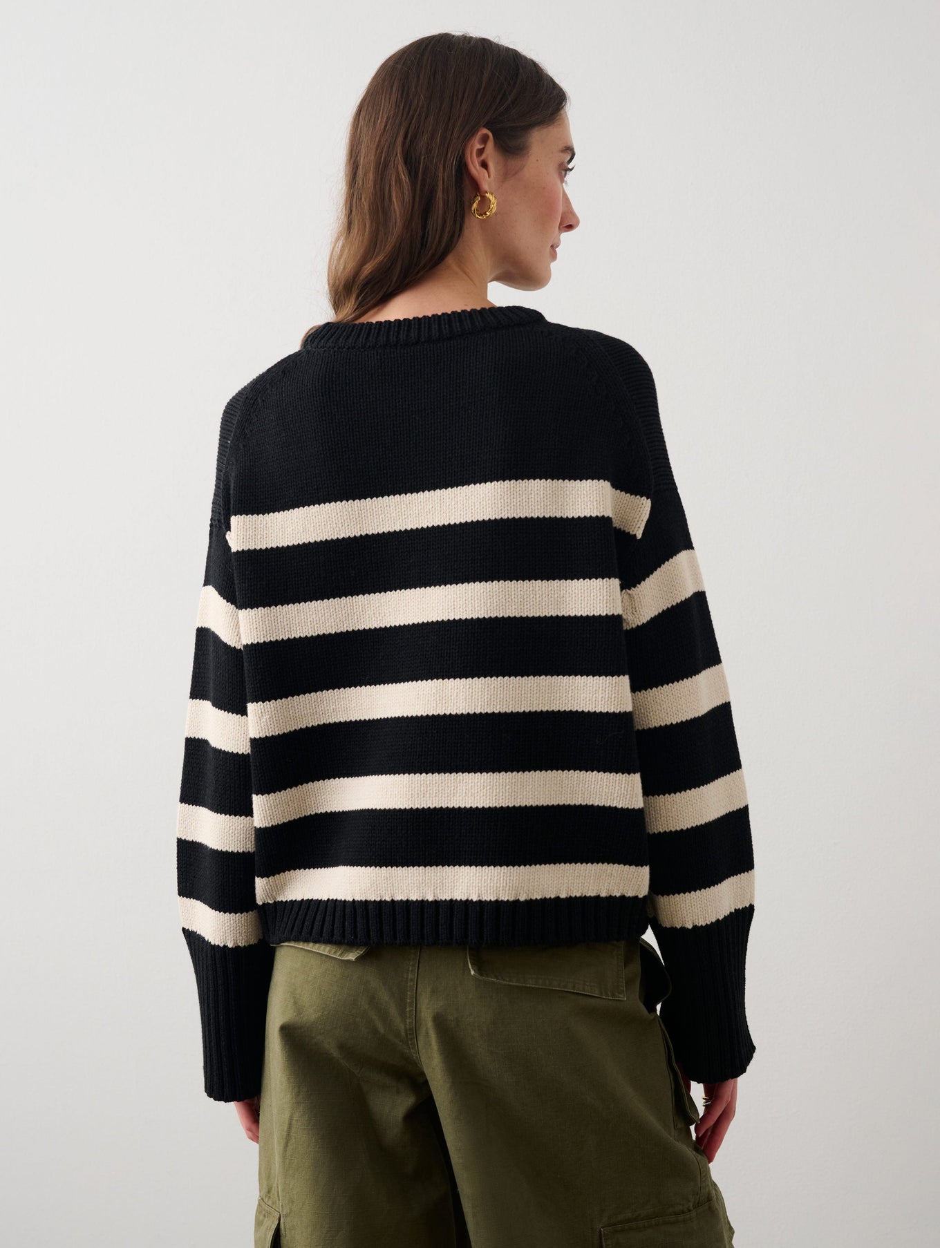 Cotton Striped Ribbed Trim Crewneck