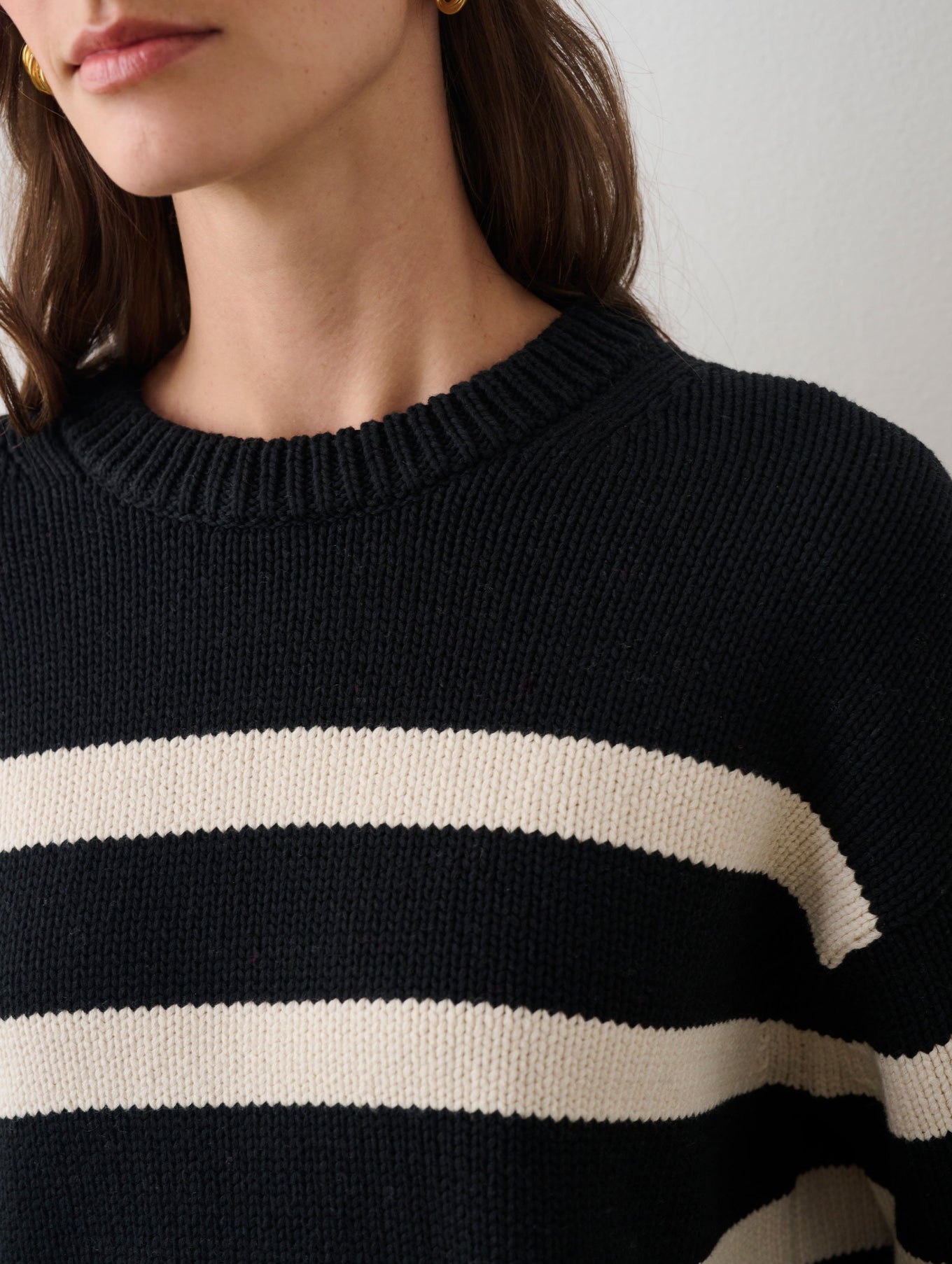 Cotton Striped Ribbed Trim Crewneck