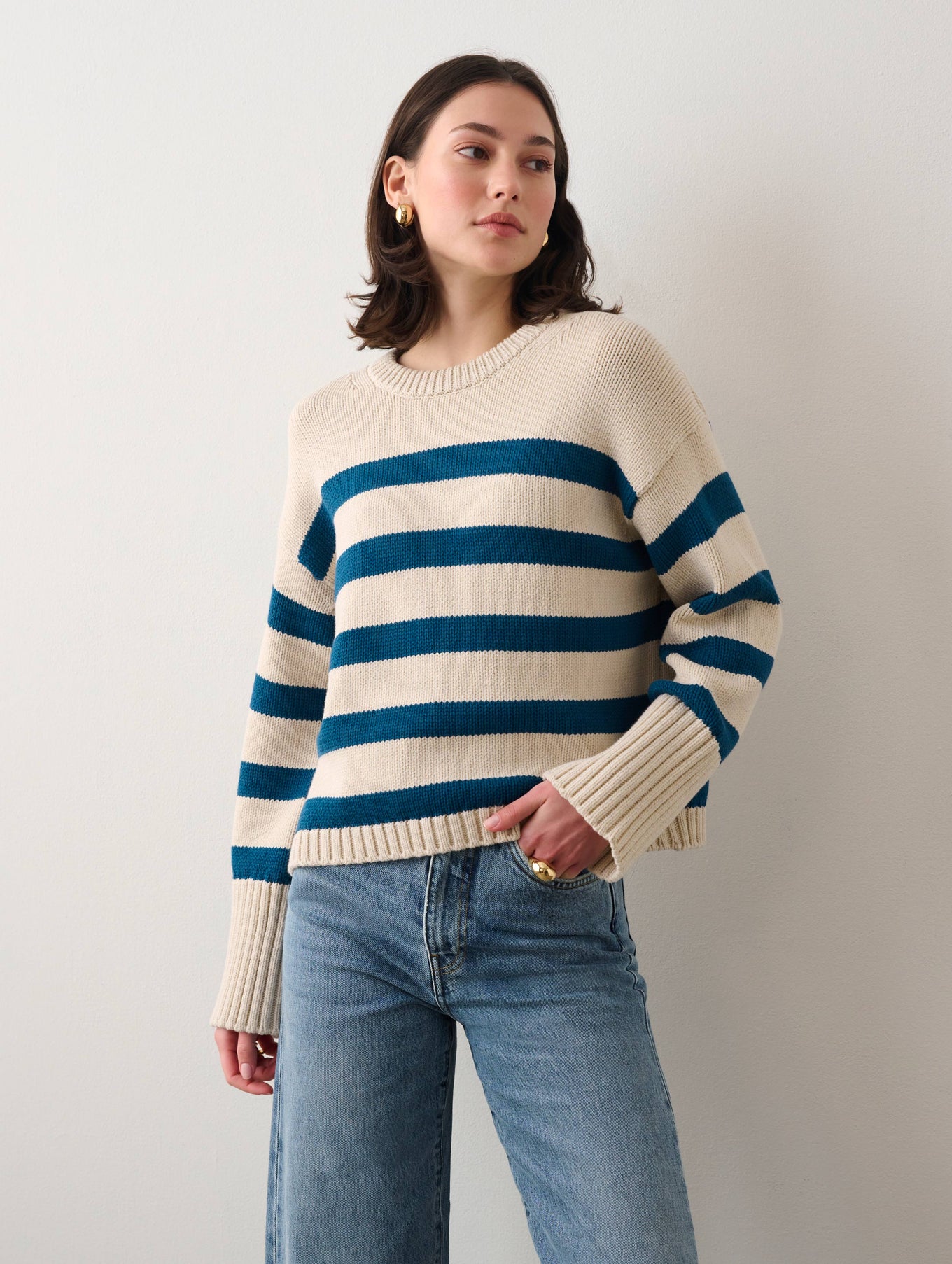 Cotton Striped Ribbed Trim Crewneck