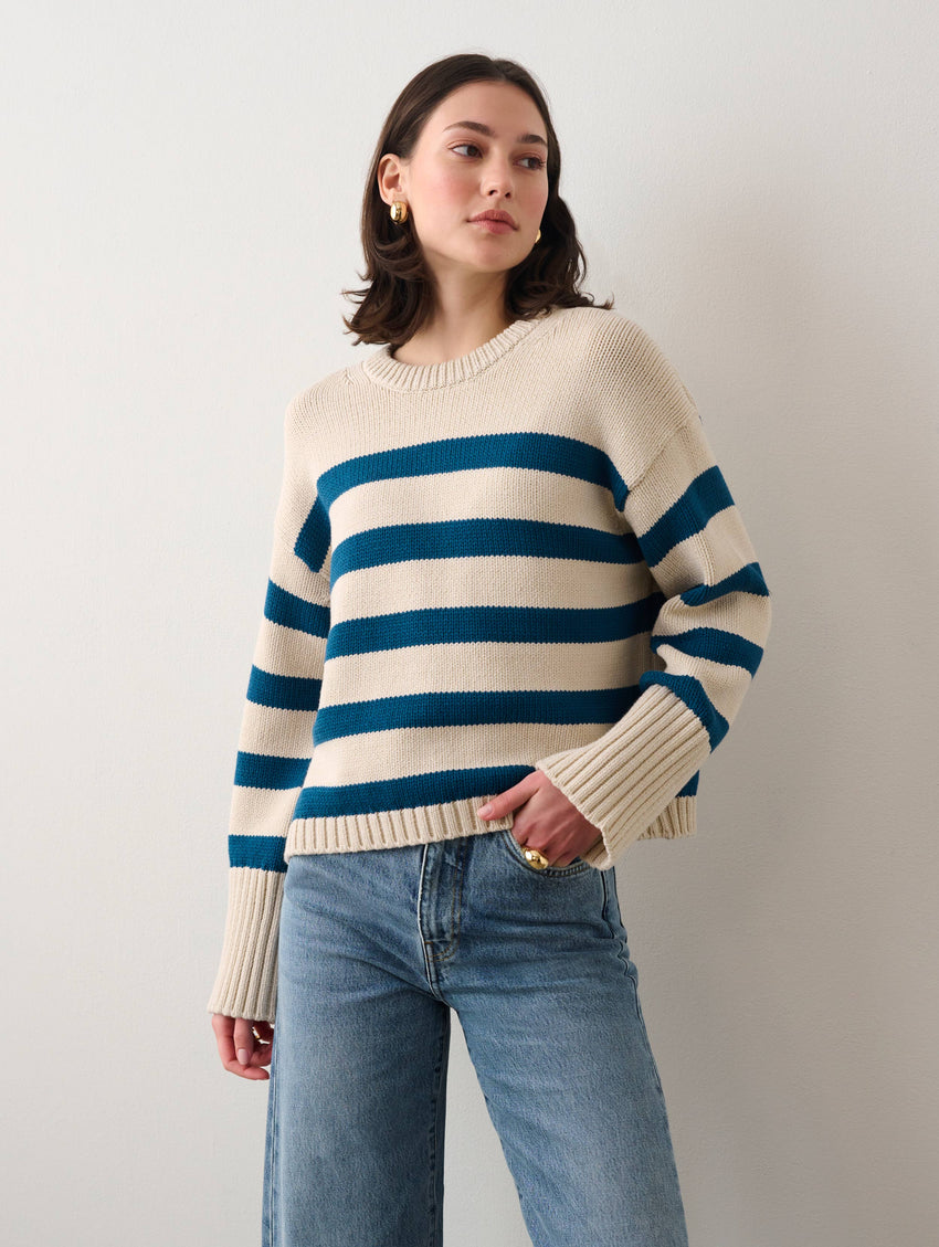 Cotton Striped Ribbed Trim Crewneck