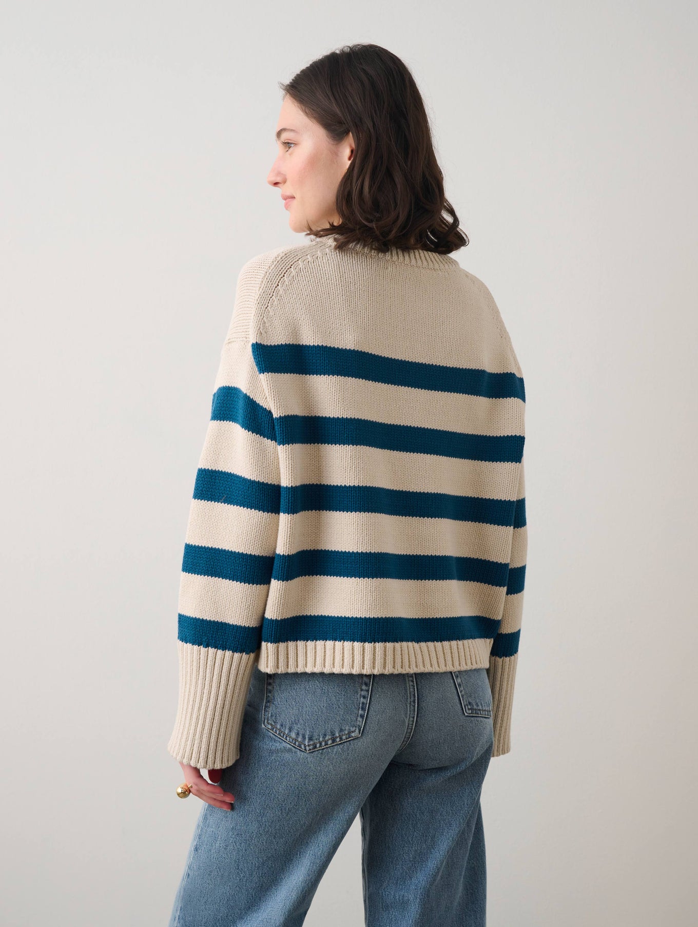 Cotton Striped Ribbed Trim Crewneck