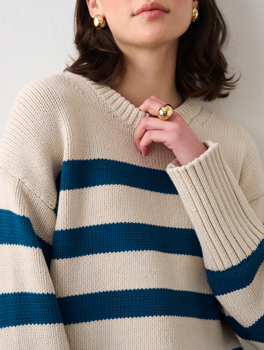 Cotton Striped Ribbed Trim Crewneck