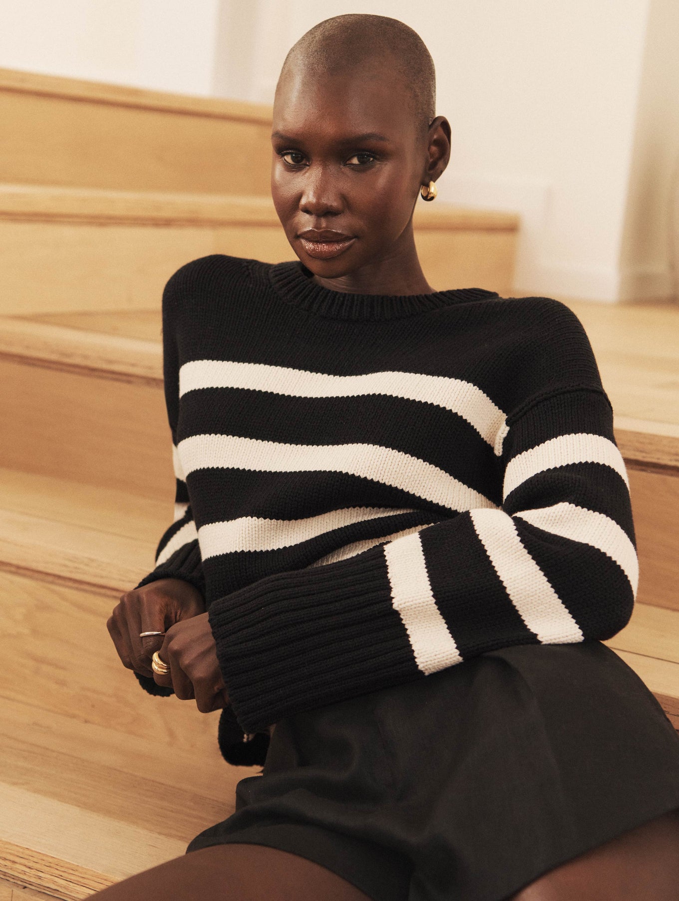 Cotton Striped Ribbed Trim Crewneck