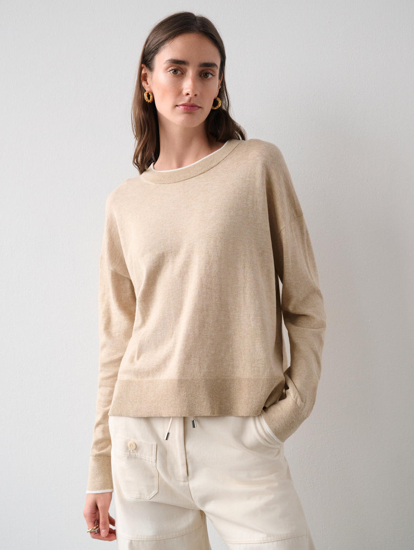 Cotton Silk Rib Trim Crewneck