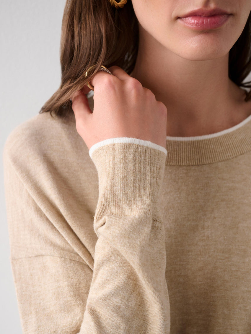 Cotton Silk Rib Trim Crewneck