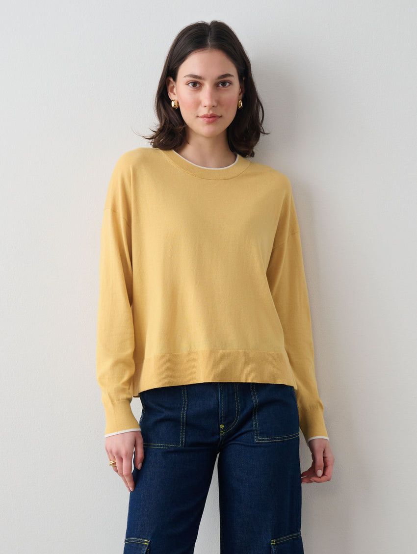 Cotton Silk Rib Trim Crewneck
