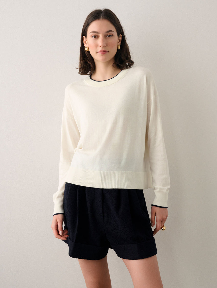 Cotton Silk Rib Trim Crewneck
