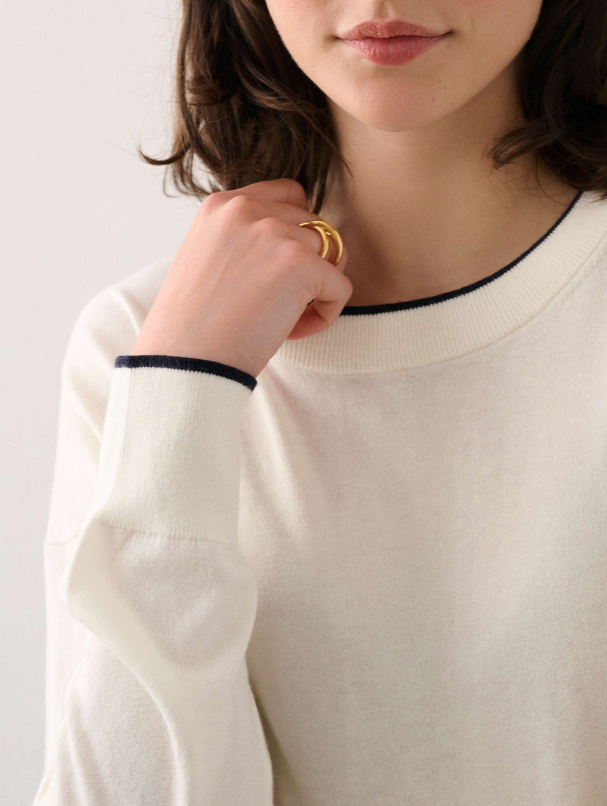 Cotton Silk Rib Trim Crewneck