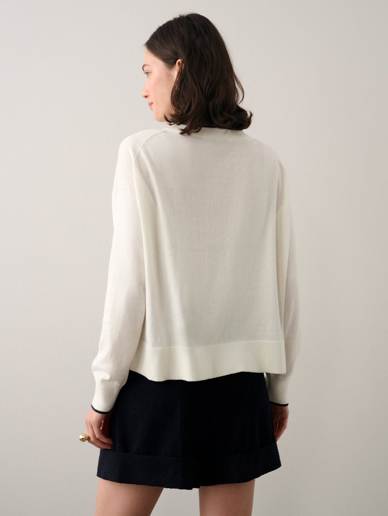 Cotton Silk Rib Trim Crewneck